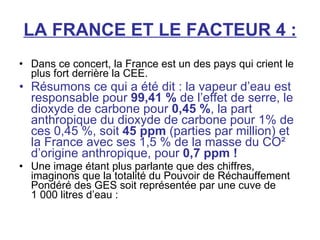 LA FRANCE ET LE FACTEUR 4 : Dans ce concert, la France est un des pays qui crient le plus fort derrière la CEE. Résumons ce qui a été dit : la vapeur d’eau est responsable pour  99,41 %  de l’effet de serre, le dioxyde de carbone pour  0,45   % , la part anthropique du dioxyde de carbone pour 1% de ces 0,45 %, soit  45 ppm  (parties par million) et la France avec ses 1,5 % de la masse du CO² d’origine anthropique, pour  0,7 ppm ! Une image étant plus parlante que des chiffres, imaginons que la totalité du Pouvoir de Réchauffement  Pondéré des GES soit représentée par une cuve de 1 000 litres d’eau : 