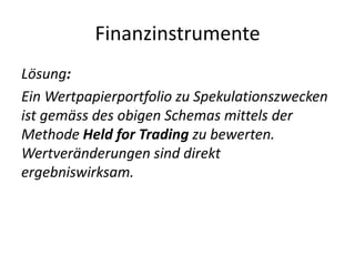 FinanzinstrumenteLösung:Ein Wertpapierportfolio zu Spekulationszwecken ist gemäss des obigen Schemas mittels der Methode Held forTradingzu bewerten. Wertveränderungen sind direkt ergebniswirksam.