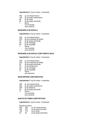 Ingredientes (1 kg de massa - 6 pessoas)
450
140
80
45
1

gr. de massa branca
gr de queijo mascarpone
gr de ricota
gr de queijo parmezão
gema
noz-moscada
sal e pimenta

MUSSARELA DE BÚFALA
Ingredientes (1 kg de massa - 6 pessoas)
450
235
40
20
40
1

gr. de massa branca
gr de mussarela de búfala
gr de queijo parmezão
gr de manteiga
gr de requeijão
Gema
noz-moscada
sal e pimenta

MUSSARELA DE BÚFALA COM TOMATE SECO
Ingredientes (1 kg de massa - 6 pessoas)
450
235
40
70
20
40
1

gr. de massa branca
gr de mussarela de búfala
gr de queijo parmezão
gr de tomate seco
gr de manteiga
gr de requeijão
Gema
sal e pimenta

MASCARPONE COM RADICCHIO
Ingredientes (1 kg de massa - 6 pessoas)
450
200
200
55
½

gr. de massa branca
gr de queijo mascarpone
gr de radicchio
gr de queijo parmezão
Gema
noz-moscada
sal e pimenta

QUEIJO DE CABRA COM PISTACHE
Ingredientes (1 kg de massa - 6 pessoas)
Raviolo trouxinha
450
450
gr. de massa branca
220
270
gr de queijo de cabra
140
170
gr de ricota
30
30
gr de queijo parmezão

 