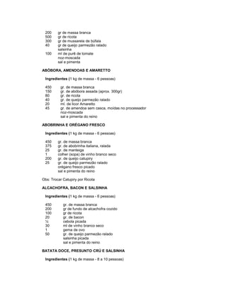 200
500
300
40
100

gr de massa branca
gr de ricota
gr de mussarela de búfala
gr de queijo parmezão ralado
salsinha
ml de purê de tomate
noz-moscada
sal e pimenta

ABÓBORA, AMENDOAS E AMARETTO
Ingredientes (1 kg de massa - 6 pessoas)
450
150
80
40
20
45

gr. de massa branca
gr. de abóbora assada (aprox. 300gr)
gr. de ricota
gr. de queijo parmezão ralado
ml. de licor Amaretto
gr. de amendoa sem casca, moídas no processador
noz-moscada
sal e pimenta do reino

ABOBRINHA E ORÉGANO FRESCO
Ingredientes (1 kg de massa - 6 pessoas)
450
375
25
1
200
25

gr. de massa branca
gr. de abobrinha italiana, ralada
gr. de manteiga
colher (sopa) de vinho branco seco
gr. de queijo catupiry
gr. de queijo parmezão ralado
orégano fresco picado
sal e pimenta do reino

Obs: Trocar Catupiry por Ricota
ALCACHOFRA, BACON E SALSINHA
Ingredientes (1 kg de massa - 6 pessoas)
450
200
100
20
¼
30
1
50

gr. de massa branca
gr de fundo de alcachofra cozido
gr de ricota
gr. de bacon
cebola picada
ml de vinho branco seco
gema de ovo
gr. de queijo parmezão ralado
salsinha picada
sal e pimenta do reino

BATATA DOCE, PRESUNTO CRÚ E SALSINHA
Ingredientes (1 kg de massa - 8 a 10 pessoas)

 