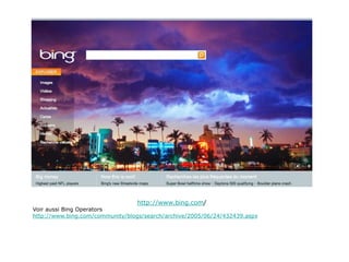 http://www.bing.com/
Voir aussi Bing Operators
http://www.bing.com/community/blogs/search/archive/2005/06/24/432439.aspx
 