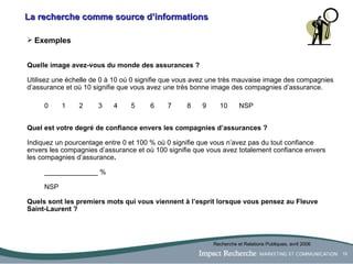 La recherche comme source d’informations Exemples   Quelle image avez-vous du monde des assurances ?  Utilisez une échelle de 0 à 10 où 0 signifie que vous avez une très mauvaise image des compagnies d’assurance et où 10 signifie que vous avez une très bonne image des compagnies d’assurance. 0 1  2   3  4  5   6   7   8   9   10    NSP Quel est votre degré de confiance envers les compagnies d’assurances ?  Indiquez un pourcentage entre 0 et 100 % où 0 signifie que vous n’avez pas du tout confiance envers les compagnies d’assurance et où 100 signifie que vous avez totalement confiance envers les compagnies d’assurance . ______________ % NSP Quels sont les premiers mots qui vous viennent à l’esprit lorsque vous pensez au Fleuve Saint-Laurent ? Recherche et Relations Publiques, avril 2006 