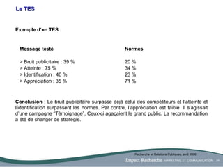 Le TES Exemple d’un TES  : Message testé Normes   > Bruit publicitaire : 39 % 20 % > Atteinte : 75 % 34 % > Identification : 40 % 23 % > Appréciation : 35 % 71 % Conclusion  : Le bruit publicitaire surpasse déjà celui des compétiteurs et l’atteinte et l’identification surpassent les normes. Par contre, l’appréciation est faible. Il s’agissait d’une campagne “Témoignage”. Ceux-ci agaçaient le grand public. La recommandation a été de changer de stratégie. Recherche et Relations Publiques, avril 2006 