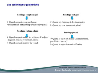 Les techniques qualitatives Recherche et Relations Publiques, avril 2006 Quand on s’adresse à des internautes Quand on veut montrer du visuel Sondage postal Quand le sujet est délicat (journal intime, pas d’intervieweur) Quand le sujet demande réflexion Quand on veut avoir une bonne représentation de toute la population (régions) Sondage en face à face Quand on veut sonder les visiteurs d’un lieu (magasin, musée, évènement, salon) Quand on veut montrer du visuel Sondage en ligne Sondage téléphonique 