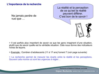L’importance de la recherche Ne jamais perdre de vue que … La réalité et la perception  de ce qu’est la réalité peuvent différer.  C’est bon de le savoir ! > Il est parfois plus important de savoir ce que les gens imaginent d’une situation, plutôt que de savoir quelle est la véritable situation. Cela nous donne des indicateurs riches de leçons.   >  Exemple  : Combien d’adolescents (11 à 17 ans) fument ? (voir page suivante) > La recherche permet de mesurer les écarts entre la réalité et les perceptions. Souvent cela montre où sont les urgences à régler… Recherche et Relations Publiques, avril 2006 
