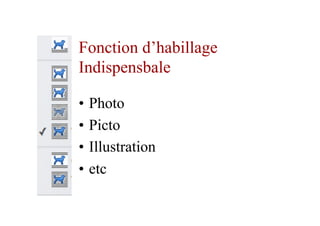 Fonction d’habillage
Indispensbale
•  Photo
•  Picto
•  Illustration
•  etc
 