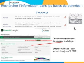 2727
Rechercher l’information dans les bases de données :
Emerald
27
Cherchez en recherche
libre ou par feuilletage.
Emerald Archives : pour
les archives jusqu’à 2010
 