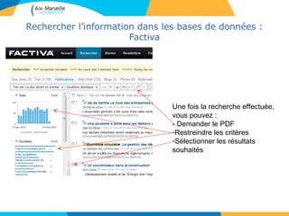 2929
Rechercher l’information dans les bases de données :
Factiva
Une fois la recherche effectuée,
vous pouvez :
- Demander le PDF
-Restreindre les critères
-Sélectionner les résultats
souhaités
 