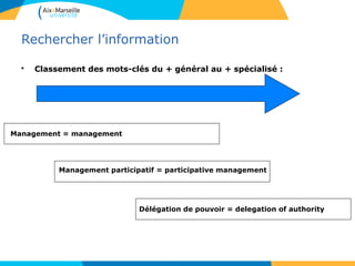 44
Rechercher l’information
• Classement des mots-clés du + général au + spécialisé :
Management = management
Management participatif = participative management
Délégation de pouvoir = delegation of authority
 