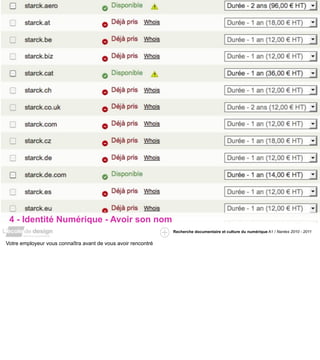4 - Identité Numérique - Avoir son nom
                                                               Recherche documentaire et culture du numérique A1 / Nantes 2010 - 2011


Votre employeur vous connaîtra avant de vous avoir rencontré
 