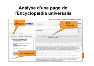 Analyse d'une page de
l'Encyclopædia universalis
Un
sommaire                                       Une
                                               signature




   Une bibliographie

                       Démarche documentaire
 