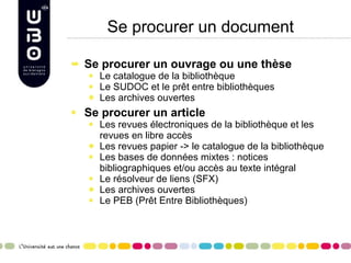Se procurer un document Se procurer un ouvrage ou une thèse Le catalogue de la bibliothèque Le SUDOC et le prêt entre bibliothèques Les archives ouvertes Se procurer un article Les revues électroniques de la bibliothèque et les revues en libre accès Les revues papier -> le catalogue de la bibliothèque Les bases de données mixtes : notices bibliographiques et/ou accès au texte intégral Le résolveur de liens (SFX) Les archives ouvertes Le PEB (Prêt Entre Bibliothèques) 