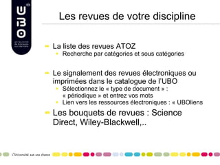 Les revues de votre discipline La liste des revues ATOZ Recherche par catégories et sous catégories Le signalement des revues électroniques ou imprimées dans le catalogue de l’UBO Sélectionnez le « type de document » : « périodique » et entrez vos mots Lien vers les ressources électroniques : « UBOliens Les bouquets de revues : Science Direct, Wiley-Blackwell,.. 