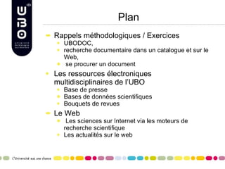 Plan Rappels méthodologiques / Exercices UBODOC,  recherche documentaire dans un catalogue et sur le Web, se procurer un document  Les ressources électroniques multidisciplinaires de l’UBO Base de presse Bases de données scientifiques Bouquets de revues Le Web Les sciences sur Internet via les moteurs de recherche scientifique Les actualités sur le web 