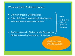 Wissenschaftl. Aufsätze finden
• Online Contents Datenbanken
• GBV Online Contents SSG Medien-und
Kommunikationswissenschaften*
• Aufsätze (versch. Fächer) + alle Bücher der
Bibliotheken des Verbundes  GVKplus
alle brauchen
VPN-Einwahl!!!!
vorhanden
oder rel.
leicht zu
bestellen
+++
 