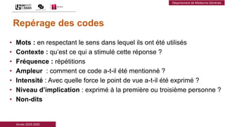 Année 2019-2020
Département de Médecine Générale
Repérage des codes
• Mots : en respectant le sens dans lequel ils ont été utilisés
• Contexte : qu’est ce qui a stimulé cette réponse ?
• Fréquence : répétitions
• Ampleur : comment ce code a-t-il été mentionné ?
• Intensité : Avec quelle force le point de vue a-t-il été exprimé ?
• Niveau d’implication : exprimé à la première ou troisième personne ?
• Non-dits
 