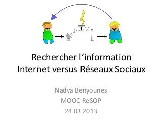 Rechercher l’information
Internet versus Réseaux Sociaux

         Nadya Benyounes
          MOOC ReSOP
           24 03 2013
 