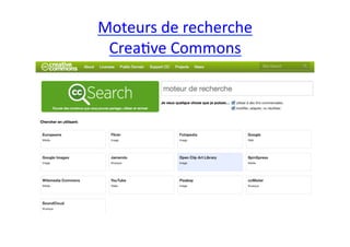 Moteurs	
  de	
  recherche	
  	
  
 Crea/ve	
  Commons	
  
 