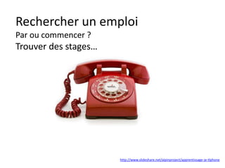 Rechercher un emploi
Par ou commencer ?
Trouver des stages…
http://www.slideshare.net/alpinproject/apprentissage-je-tlphone
 