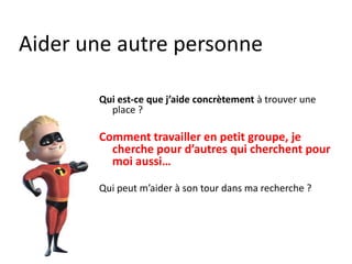 Aider une autre personne
Qui est-ce que j’aide concrètement à trouver une
place ?
Comment travailler en petit groupe, je
cherche pour d’autres qui cherchent pour
moi aussi…
Qui peut m’aider à son tour dans ma recherche ?
 