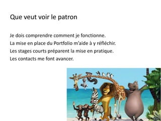 Que veut voir le patron
Je dois comprendre comment je fonctionne.
La mise en place du Portfolio m’aide à y réfléchir.
Les stages courts préparent la mise en pratique.
Les contacts me font avancer.
 