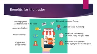 Benefits for the trader
Support and
Single contact
Global visibility
Automated delivery
Secure payment
And acceptance of the cards
Delivery throughout Europe
Location-based marketing
Accessible online shop
24 hours a day, 7 days a week
Automatic management
Gifts, loyalty by the market place
 