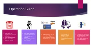 Operation Guide
• You select the
products you want to
sell online
• You set sales prices
• You choose the
quantity for sale
• Our team visits your
shop to take pictures
• You validate our
photos
• We publish your ads
and photos
• We show your ads on
more than 20 partner
sites including Google,
Facebook and Amazon
• We manage the
logistics of your
products and
consolidate customer
orders
• We pay you by transfer
to your account under
3d. Once the item is
well taken care of by
our deliveryman
 