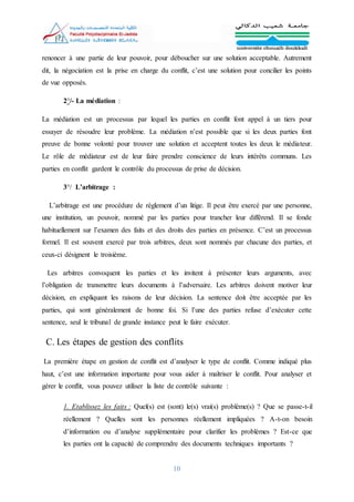 10
renoncer à une partie de leur pouvoir, pour déboucher sur une solution acceptable. Autrement
dit, la négociation est la prise en charge du conflit, c’est une solution pour concilier les points
de vue opposés.
2°/- La médiation :
La médiation est un processus par lequel les parties en conflit font appel à un tiers pour
essayer de résoudre leur problème. La médiation n’est possible que si les deux parties font
preuve de bonne volonté pour trouver une solution et acceptent toutes les deux le médiateur.
Le rôle de médiateur est de leur faire prendre conscience de leurs intérêts communs. Les
parties en conflit gardent le contrôle du processus de prise de décision.
3°/ L’arbitrage :
L’arbitrage est une procédure de règlement d’un litige. Il peut être exercé par une personne,
une institution, un pouvoir, nommé par les parties pour trancher leur différend. Il se fonde
habituellement sur l’examen des faits et des droits des parties en présence. C’est un processus
formel. Il est souvent exercé par trois arbitres, deux sont nommés par chacune des parties, et
ceux-ci désignent le troisième.
Les arbitres convoquent les parties et les invitent à présenter leurs arguments, avec
l’obligation de transmettre leurs documents à l’adversaire. Les arbitres doivent motiver leur
décision, en expliquant les raisons de leur décision. La sentence doit être acceptée par les
parties, qui sont généralement de bonne foi. Si l’une des parties refuse d’exécuter cette
sentence, seul le tribunal de grande instance peut le faire exécuter.
C. Les étapes de gestion des conflits
La première étape en gestion de conflit est d’analyser le type de conflit. Comme indiqué plus
haut, c’est une information importante pour vous aider à maîtriser le conflit. Pour analyser et
gérer le conflit, vous pouvez utiliser la liste de contrôle suivante :
1. Etablissez les faits : Quel(s) est (sont) le(s) vrai(s) problème(s) ? Que se passe-t-il
réellement ? Quelles sont les personnes réellement impliquées ? A-t-on besoin
d’information ou d’analyse supplémentaire pour clarifier les problèmes ? Est-ce que
les parties ont la capacité de comprendre des documents techniques importants ?
 