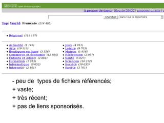 - peu de types de fichiers référencés;
+ vaste;
+ très récent;
+ pas de liens sponsorisés.
 