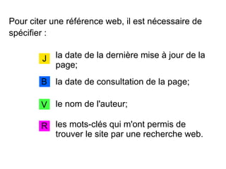 Pour citer une référence web, il est nécessaire de
spécifier :
la date de la dernière mise à jour de la
page;
J
B
V
R
la date de consultation de la page;
les mots-clés qui m'ont permis de
trouver le site par une recherche web.
le nom de l'auteur;
 