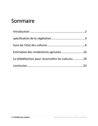 1 |Télédétection optique G é o i n f o r m a t i o n 2 è m e a n n é e
Sommaire
Introduction....................................................................2
spécification de la végétation .........................................3
Suivi de l'état des cultures ..............................................8
Estimation des rendements agricoles...........................16
La télédétection pour reconnaître les cultures.............19
conclusion.....................................................................23
 