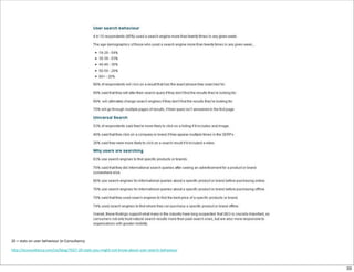 20	
  +	
  stats	
  on	
  user	
  behaviour	
  (e-­‐Consultancy

h7p://econsultancy.com/us/blog/7027-­‐20-­‐stats-­‐you-­‐might-­‐not-­‐know-­‐about-­‐user-­‐search-­‐behaviour



                                                                                                                  33
 