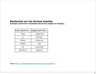 Recherche sur les termes exactes
Exemple concernant l'exactitude des termes anglais sur Google...
 
 
Source: http://www.googleguide.com/interpreting_queries.html
14
 