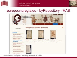 Torsten Schaßan – Kolloquium Lizensierung – Göttingen – 11.5.2015
Wolfenbütteler
Buchspiegel
europeanaregia.eu - byRepository - HAB
 