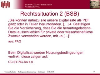 Torsten Schaßan – Kolloquium Lizensierung – Göttingen – 11.5.2015 20
„Sie können nahezu alle unsere Digitalisate als PDF
ganz oder in Teilen herunterladen. […] 4. Bestätigen
Sie die Versicherung, dass Sie die heruntergeladene
Datei ausschließlich für private oder wissenschaftliche
Zwecke verwenden werden, mit Ja […]“
aus: FAQ
Beim Digitalisat werden Nutzungsbedingeungen
verlinkt, diese zeigen auf:
CC BY-NC-SA 4.0
Rechtssituation 2 (BSB)
 
