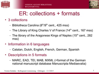 Torsten Schaßan – Kolloquium Lizensierung – Göttingen – 11.5.2015 3
• 3 collections
– Bibliotheca Carolina (8th
/9th
cent., 425 mss)
– The Library of King Charles V of France (14th
cent., 167 mss)
– The library of the Aragonese Kings of Naples (15th
cent., 282
mss)
• Information in 6 languages
– Catalan, Dutch, English, French, German, Spanish
• Descriptions in 5 formats
– MARC, EAD, TEI, MAB, MXML (=format of the German
national manuscript database Manuscripta Mediaevalia)
ER: collections + formats
 