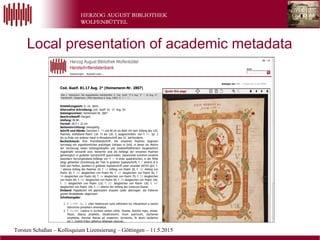 Torsten Schaßan – Kolloquium Lizensierung – Göttingen – 11.5.2015
Wolfenbütteler
Buchspiegel
Local presentation of academic metadata
 