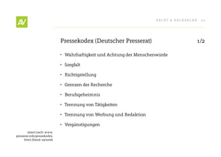 RecHt & RecHeRcHe    20




                              Pressekodex (Deutscher Presserat)                            1/2

                              •	 Wahrhaftigkeit und Achtung der Menschenwürde

                              •	 Sorgfalt

                              •	 Richtigstellung

                              •	 Grenzen der Recherche

                              •	 Berufsgeheimnis

                              •	 trennung von tätigkeiten

                              •	 trennung von Werbung und Redaktion

                              •	 Vergünstigungen
        zitiert nach: www.
presserat.info/pressekodex.
      html (Stand: 09/2006)
 