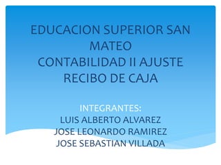 EDUCACION SUPERIOR SAN
MATEO
CONTABILIDAD II AJUSTE
RECIBO DE CAJA
INTEGRANTES:
LUIS ALBERTO ALVAREZ
JOSE LEONARDO RAMIREZ
JOSE SEBASTIAN VILLADA
 