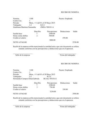 RECIBO DE NOMINA
Nomina 1100 Puesto: Empleado
Centro Cto. 1
Periodo Mens. # 1 del 01 al 30 Mayo 2015
Trabajador 1-2 R.F.C
Zambrano/Martinez/Samantha ZMSA-700101-A
Dias/Hrs Percepciones Deducciones Saldo
Sueldo base 7 2500.00
Horas extras dobles 2 500.00
Credito al salario 470.00
3000.00
NETO A PAGAR 2530.00
Recibi de la empresa arriba mencionada la cantidad neta a que este documento se refiere
estando conforme con las percepciones y deducciones que en el aparecen.
_____________________ ___________________
Sello de la empresa Firma del trabajador
RECIBO DE NOMINA
Nomina 1100 Puesto: Empleado
Centro Cto. 1
Periodo Mens. # 1 del 01 al 30 Mayo 2015
Trabajador 2-2 R.F.C
Hernandez/Campos/Alma/Gabriela HCAG-705101-E
Dias/Hrs Percepciones Deducciones Saldo
Sueldo base 7 2500.00
Horas extras dobles 3 750.00
Credito al salario 350.00
3250.00
NETO A PAGAR 2950.00
Recibi de la empresa arriba mencionada la cantidad neta a que este documento se refiere
estando conforme con las percepciones y deducciones que en el aparecen.
_____________________ ___________________
Sello de la empresa Firma del trabajador
 