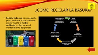 ¿CÓMO RECICLAR LA BASURA?
• Reciclar la basura es un pequeño
gesto mediante el que podemos
ayudar mucho al medio
ambiente y colaborar en el
mantenimiento del planeta
 