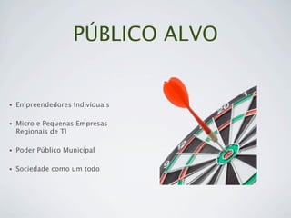 PÚBLICO ALVO


•   Empreendedores Individuais

•   Micro e Pequenas Empresas
    Regionais de TI

•   Poder Público Municipal

•   Sociedade como um todo
 