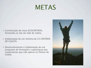 METAS


•   Constituição de cinco ECOCENTROS,
    formando os nós da rede de coleta.

•   Implantação de um mínimo de 23 CENTROS
    DE COLETA

•   Desenvolvimento e implantação de um
    programa de formação e capacitaçao das
    cooperativas que irão operas os Pontos de
    Coleta
 