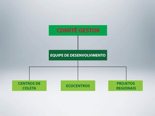 COMITÊ GESTOR



             EQUIPE DE DESENVOLVIMENTO




CENTROS DE                               PROJETOS
                    ECOCENTROS
  COLETA                                 REGIONAIS
 