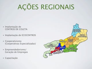 AÇÕES REGIONAIS

•   Implantação de
    CENTROS DE COLETA

•   Implantação de ECOCENTROS

•   Cooperativismo
    (Cooperativas Especializadas)

•   Empreendedorismo/
    Geração de Empregos

•   Capacitação
 