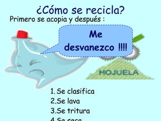¿Cómo se recicla? Se clasifica Se lava Se tritura  Se seca Me desvanezco !!!! Primero se acopia y después :  