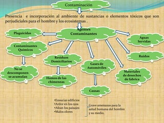 ContaminaciónPresencia  e incorporación al ambiente de sustancias o elementos tóxicos que son perjudiciales para el hombre y los ecosistemas . Agentes Contaminantes PlaguicidasAguas Servidas Contaminantes Químicos RuidosResiduos Domiciliarios Gases de Automóviles  No se descomponen se acumulan   Materiales de desechos de fabrica Humos de las chimeneas  Causas  Ensuciar edificios