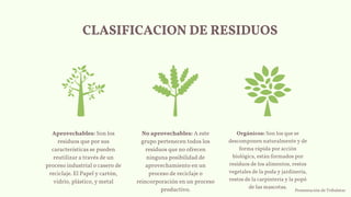 Aprovechables: Son los
residuos que por sus
características se pueden
reutilizar a través de un
proceso industrial o casero de
reciclaje. El Papel y cartón,
vidrio, plástico, y metal
No aprovechables: A este
grupo pertenecen todos los
residuos que no ofrecen
ninguna posibilidad de
aprovechamiento en un
proceso de reciclaje o
reincorporación en un proceso
productivo.
Orgánicos: Son los que se
descomponen naturalmente y de
forma rápida por acción
biológica, están formados por
residuos de los alimentos, restos
vegetales de la poda y jardinería,
restos de la carpintería y la popó
de las mascotas.
CLASIFICACION DE RESIDUOS
Presentación de Tribalstar
 