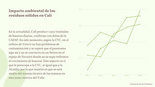 Impacto ambiental de los
residuos sólidos en Cali
En la actualidad, Cali produce 1.922 toneladas
de basuras diarias, conforme con datos de la
UAESP. En este momento, según la CVC, en el
relleno de Yotoco no hay problemas de
contaminación y se espera que el panorama
siga así y no se convierta en un futuro en el
espejo de Navarro donde no se supo enfrentar
el crecimiento de basuras. Este aspecto es el
que le preocupa a la CVC, al igual que a la
Alcaldía por lo que insistió en que se está
atento del manejo técnico de las mismas en
esta zona céntrica del Valle.
Item 1 Item 2 Item 3 Item 4 Item 5
40
30
20
10
0
Presentación de Tribalstar
 