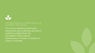 ¿EN QUE RADICA LA IMPORTANCIA DE
NUESTROS RECURSOS?
Los recursos naturales tienen gran
importancia para la familia, pues hacen
posible la satisfacción de las
necesidades vitales como la
alimentación, el vestido, el calzado, la
salud y la vivienda.
 
